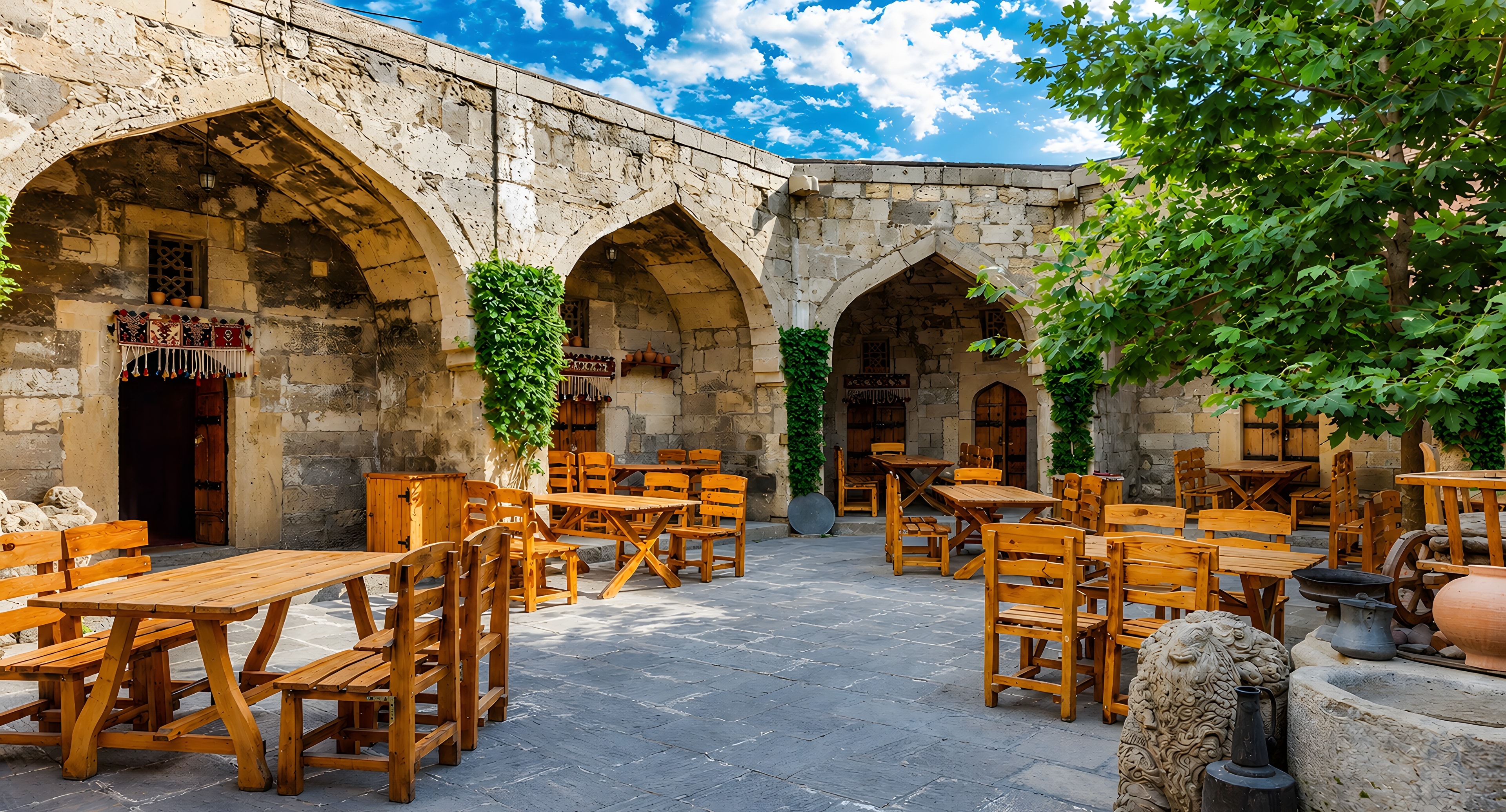 Warmly lit restaurant interior with elegant table settings